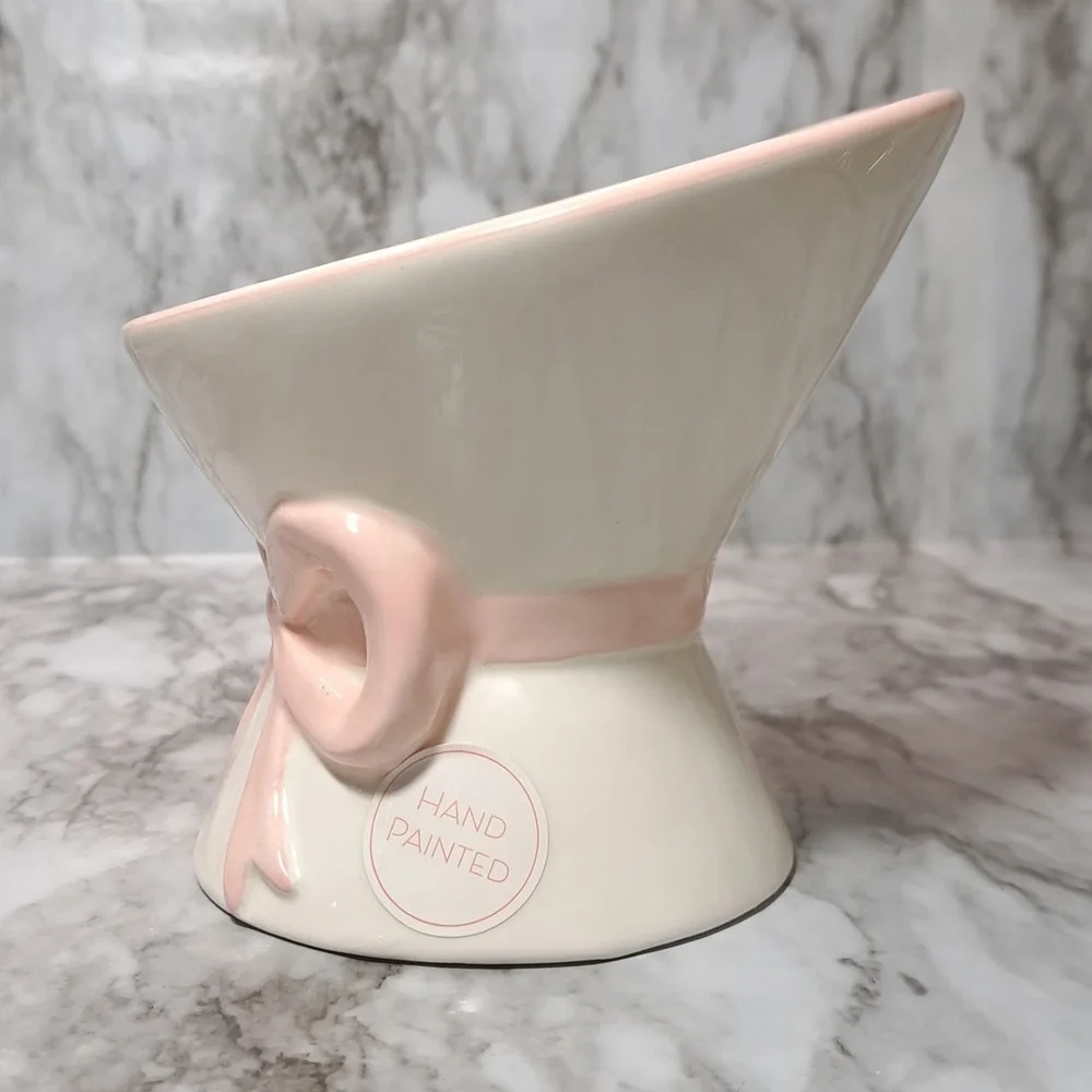 Mellow & Mod Pink /White Bow Cat Drinking Water Tall Bowl Hand Painted